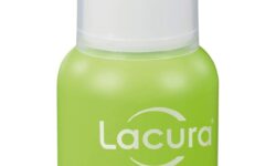 A short cylindrical bright green plastic bottle with a bright white plastic Pump, a clear plastic lid, and a bright green label that has Aldi Lacura Hydrating Gel Serum written in bright white writing on it, on a white background.