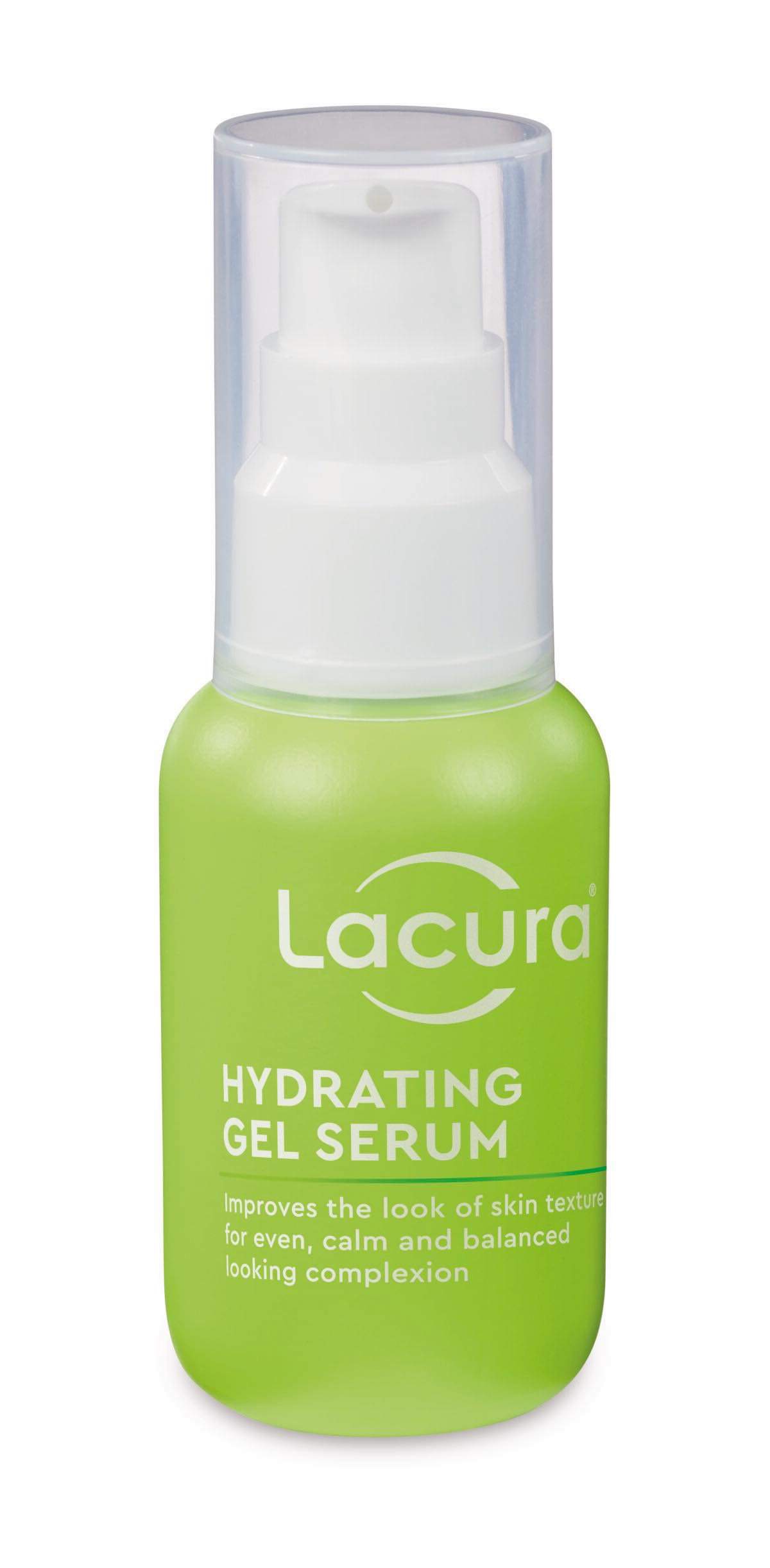 A short cylindrical bright green plastic bottle with a bright white plastic Pump, a clear plastic lid, and a bright green label that has Aldi Lacura Hydrating Gel Serum written in bright white writing on it, on a white background.