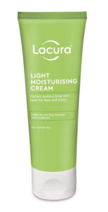 A tall conical light green plastic tube with a bright white plastic lid that has Aldi Lacura Light Moisturising Cream written in bright white writing on it, on a white background.