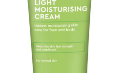 A tall conical light green plastic tube with a bright white plastic lid that has Aldi Lacura Light Moisturising Cream written in bright white writing on it, on a white background.