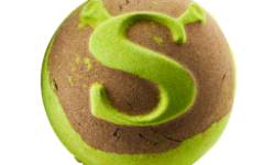 A medium gradient bright lime green and dark brown spherical shaped bath bomb that has a letter S with some dark green Ogre Ears coming out of the side of it engraved on it, on a white background.