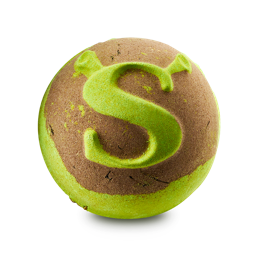 A medium gradient bright lime green and dark brown spherical shaped bath bomb that has a letter S with some dark green Ogre Ears coming out of the side of it engraved on it, on a white background.