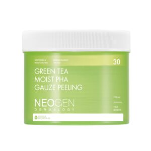 A short cylindrical gradient bright green and dark green plastic tub with a white plastic lid that has Neogen Dermalogy Green Tea Moist PHA Gauze Peeling Pads written in bright white writing on it, on a white background.