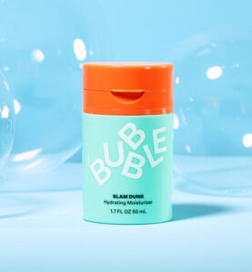A short cylindrical mint green Plastic Bottle with a bright orange plastic lid that has Bubble Slam Dunk Hydrating Moisturiser written in bright white writing on it, on a white background.
