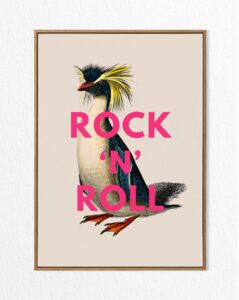 . A whimsical illustration of a large black and white penguin that has some spiky yellow feathers on it’s head, an bright orange beak, some bright orange feet, and Rock ’N’ Roll written in bright pink writing underneath it, on a white background.