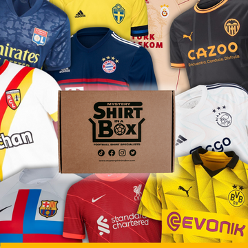 His Special Day | Father's Day 2024 Gift Guide | Gifted A medium rectangular cardboard box surrounded by a collection of various different coloured football shirts that all have various different coloured logos on them, on a white background.