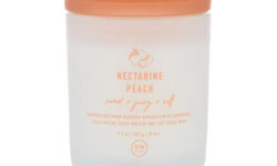 A tall cylindrical clear Glass Jar full of some creamy white wax with a bright peach glass lid and a bright white label that has DW Home Candles Nectarine Peach written in bright peach writing on it, on a white background.