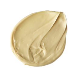 A medium circular puddle of some creamy pale yellow body lotion, on a white background.