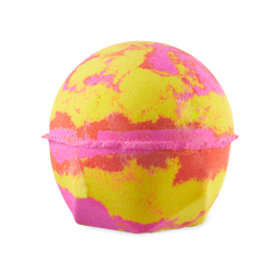 A medium gradient bright red, pink and yellow rounded hexagonal shaped bath bomb, on a white background.
