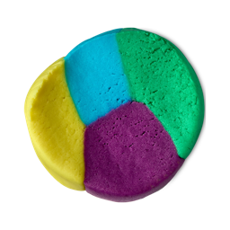 A large bright blue, Green, purple and Yellow cylindrical block of Plasticine, on a white background.