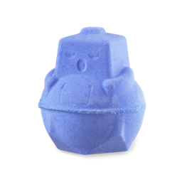 A small pastel purple Robot shaped bath bomb that has a sleepy face engraved on it, on a white background.