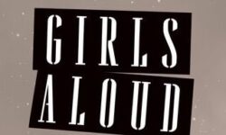 A poster that has Girls written in bright white writing inside a bold black rectangular box and Aloud written in bright white writing inside a bold black rectangular box on a starry light brown background.