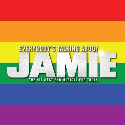 Everybody's Talking About The Boy In A Dress | Everybody's Talking About Jamie At The Alhambra Bradford A poster that has everybody’s talking about Jamie written in bright white writing on a multicoloured rainbow background that includes, red, orange, yellow, green, blue and purple.