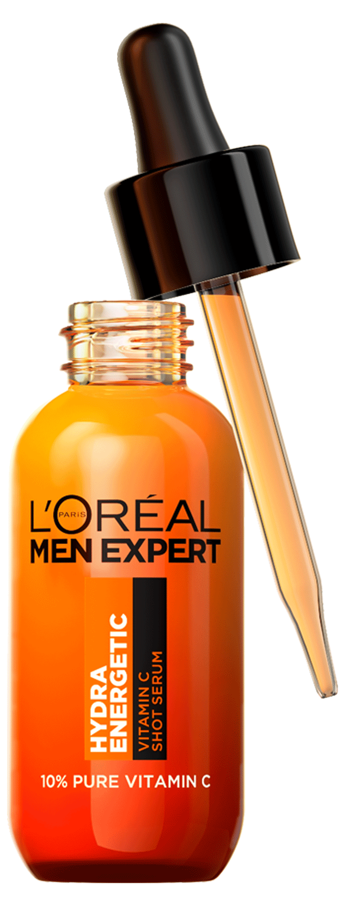 A short rounded cylindrical bright orange glass bottle with a black rubber pipette lid and a bright orange label that has L’Oreal Paris Men Expert Vitamin C Shot Serum written in bold black writing and Hydra Energetic written in bright white writing on it, on a white background.