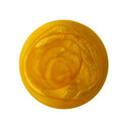 A medium circular puddle of some glossy glittery golden yellow shower gel, on a white background.