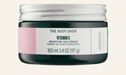 A short cylindrical dark green glass jar with a silver metal lid and a white label that has The Body Shop Moisture Day Cream written in bold black writing, Vitamin E written in dark green writing, and some pictures of some dark pink flowers on it, on a white background.