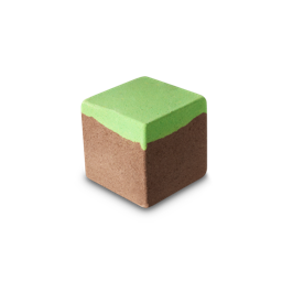 A medium gradient bright green and dark brown cube shaped bath bomb, on a white background.
