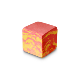 A medium gradient bright red, orange and yellow cube shaped bath bomb, on a white background.