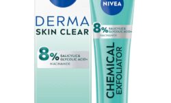 A tall and thin conical bright teal plastic tube with a metallic silver plastic lid that has Nivea written in dark blue writing and Derma Skin Clear Chemical Exfoliant written in bold black writing on it, on a white background.