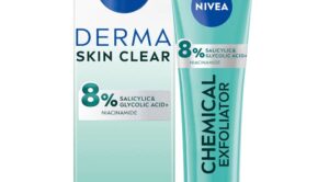 A tall and thin conical bright teal plastic tube with a metallic silver plastic lid that has Nivea written in dark blue writing and Derma Skin Clear Chemical Exfoliant written in bold black writing on it, on a white background.