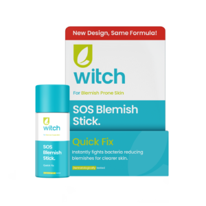 A short cylindrical bright white cardboard tube with an aqua blue cardboard lid that has Witch SOS Blemish Stick written in bright teal writing and a picture of a dark green leaf on it, on a white background.