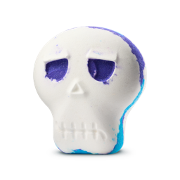 A medium bright white skull shaped bath bomb that has some dark purple eye sockets and Noose, a mouth engraved on it, and a dark blue outline around its edge, on a white background.