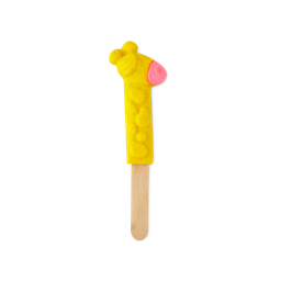 Sometimes I Wish I Could Be A Giraffe. Head Stretched Up High In The Leaves | Lush Reusable Bubble Bath Range A large bright yellow giraffe’s head and neck shaped bubble bar that has some spots and a pink mouth engraved on it on the end of a light wooden stick, on a white background.