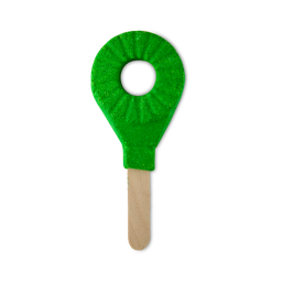 A large neon green hoop shaped bubble bar on the end of a large light wooden stick, on a white background.