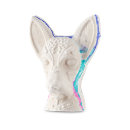 A medium bright white Mexican hairless dog’s head shaped bath bomb that has a bright blue, pink and teal outline around it, on a white background.