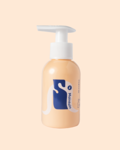 A short cylindrical light peach plastic bottle with a bright white plastic pump lid and a bright blue label that has Savaip Gel-To-Milk Cleanser written in bright white writing on it, on a white background.
