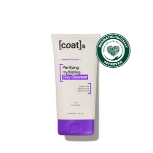A tall flat conical bright white plastic tube with a dark purple plastic lid and a bright white label that has Coat’s Skin Purifying Hydrating written in bold black writing and Clay Cleanser written in dark purple writing on it, on a white background.