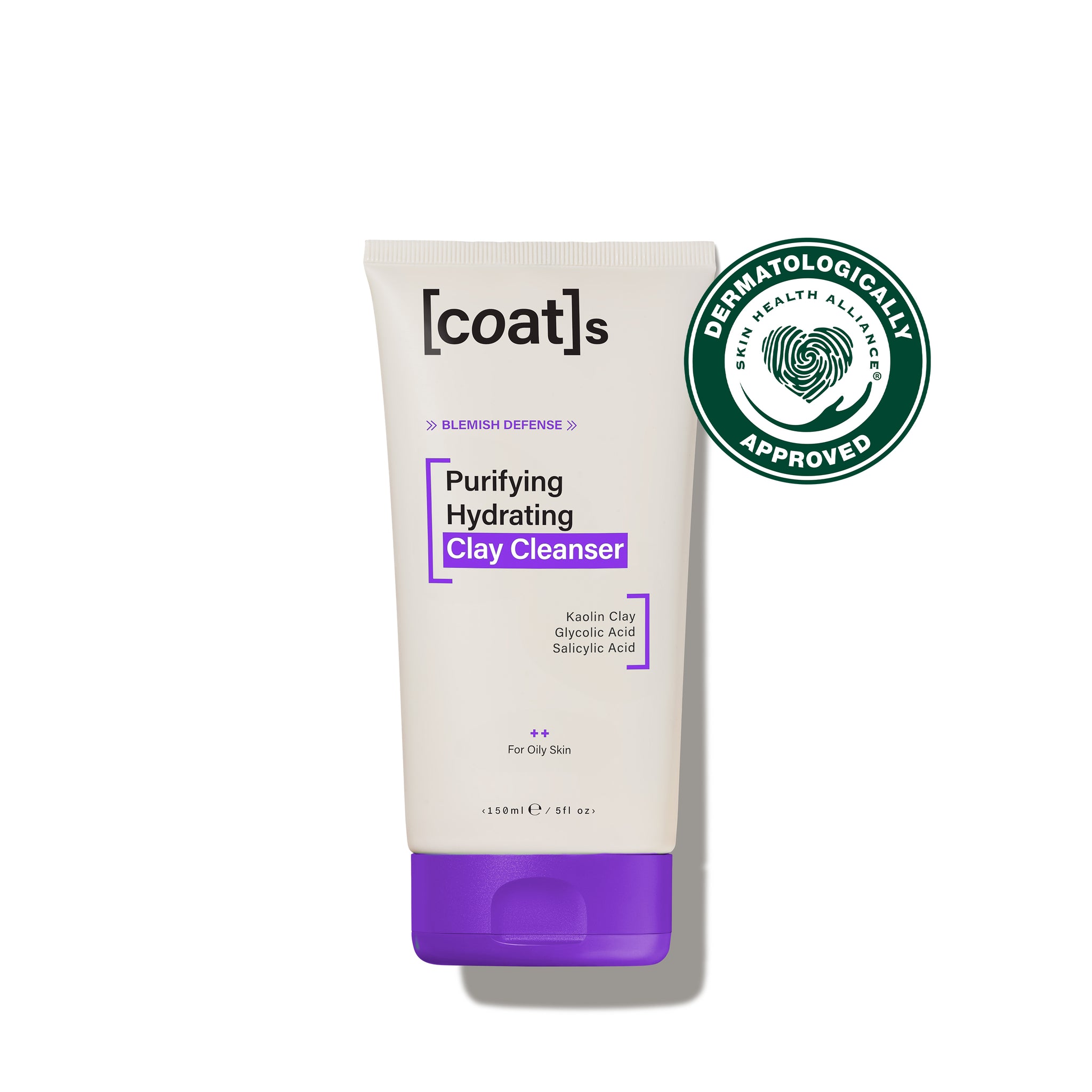 Covering My Skin In A Coat Of Clay | Coat's Skin Purifying Hydrating Clay Cleanser A tall flat conical bright white plastic tube with a dark purple plastic lid and a bright white label that has Coat’s Skin Purifying Hydrating written in bold black writing and Clay Cleanser written in dark purple writing on it, on a white background.