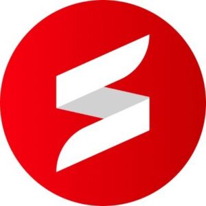A medium bright red circle that has a bright white stylised letter S in the middle of it, on a red background.