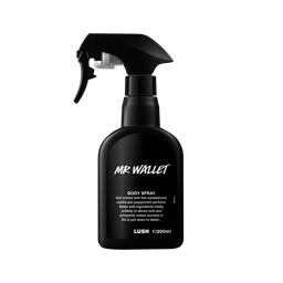 A tall black plastic Kitchen spray bottle that has Lush Mr Wallet Body Spray written in bright white writing on it, on a white background..