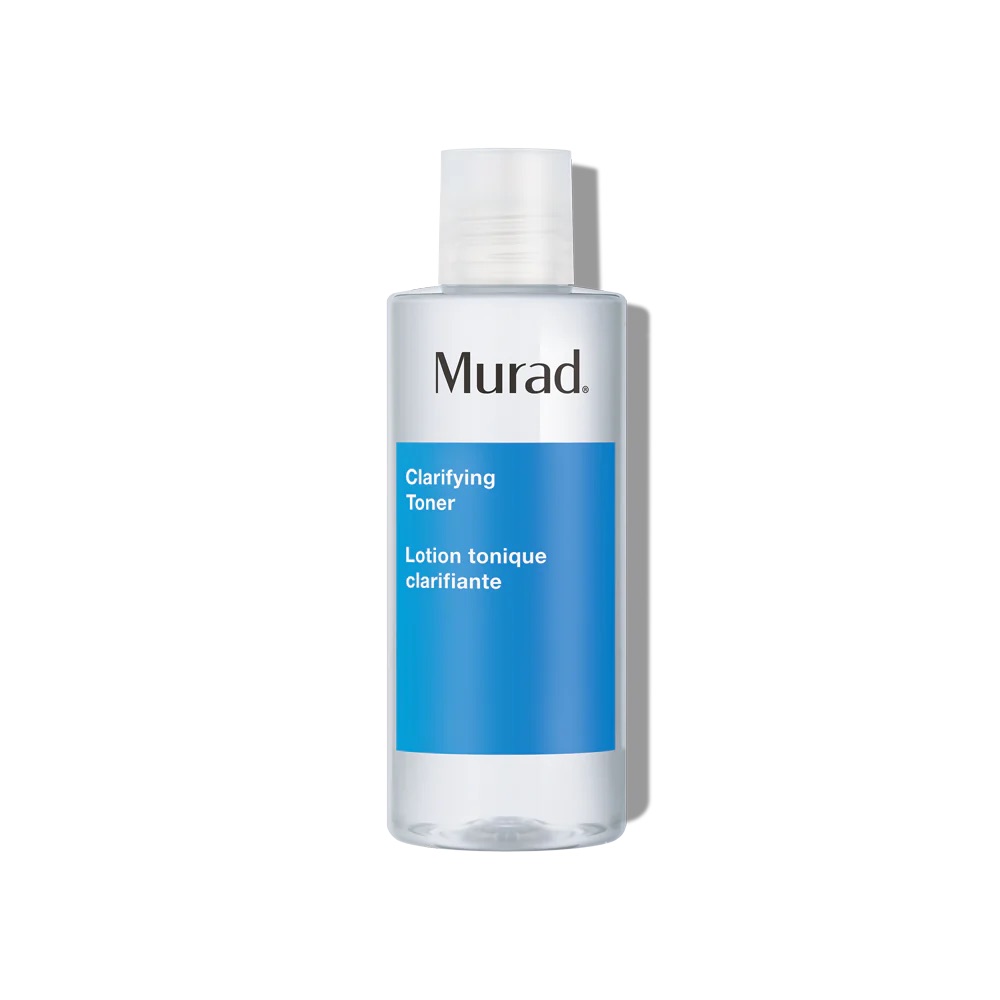 I Have A Myriad Of Blemishes To Get Rid Of | Murad Clarifying Toner A short cylindrical clear plastic bottle full of some clear liquid with a bright white plastic lid and a bright blue label that has Murad Clarifying Toner written in bright white writing on it, on a white background.