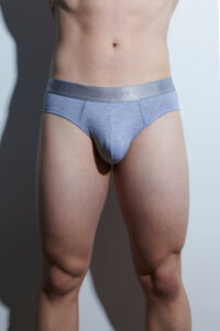 A tall light skinned man wearing a pair of light grey briefs with a metallic silver waistband that has B2ld Studios written in dark grey writing on it stood against a light grey wall.