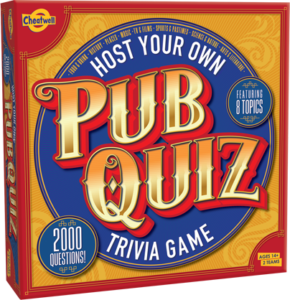 A medium rectangular dark red cardboard box that has Cheatwell Games written in bright white writing inside a bright yellow oval, Host Your Own written in bold white writing, and Pub Quiz written in bold gold and red writing inside a dark blue circle on it, on a white background.