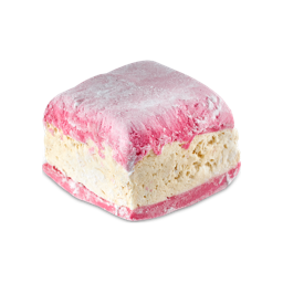 A small bright white rectangular block of soap that has some layers of dusty dark pink on the bottom and on the top of it, on a white background.