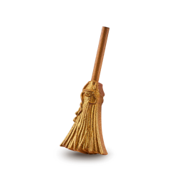 A medium bright gold Broomstick shaped bubble bar on the end of a light brown stick, on a white background.