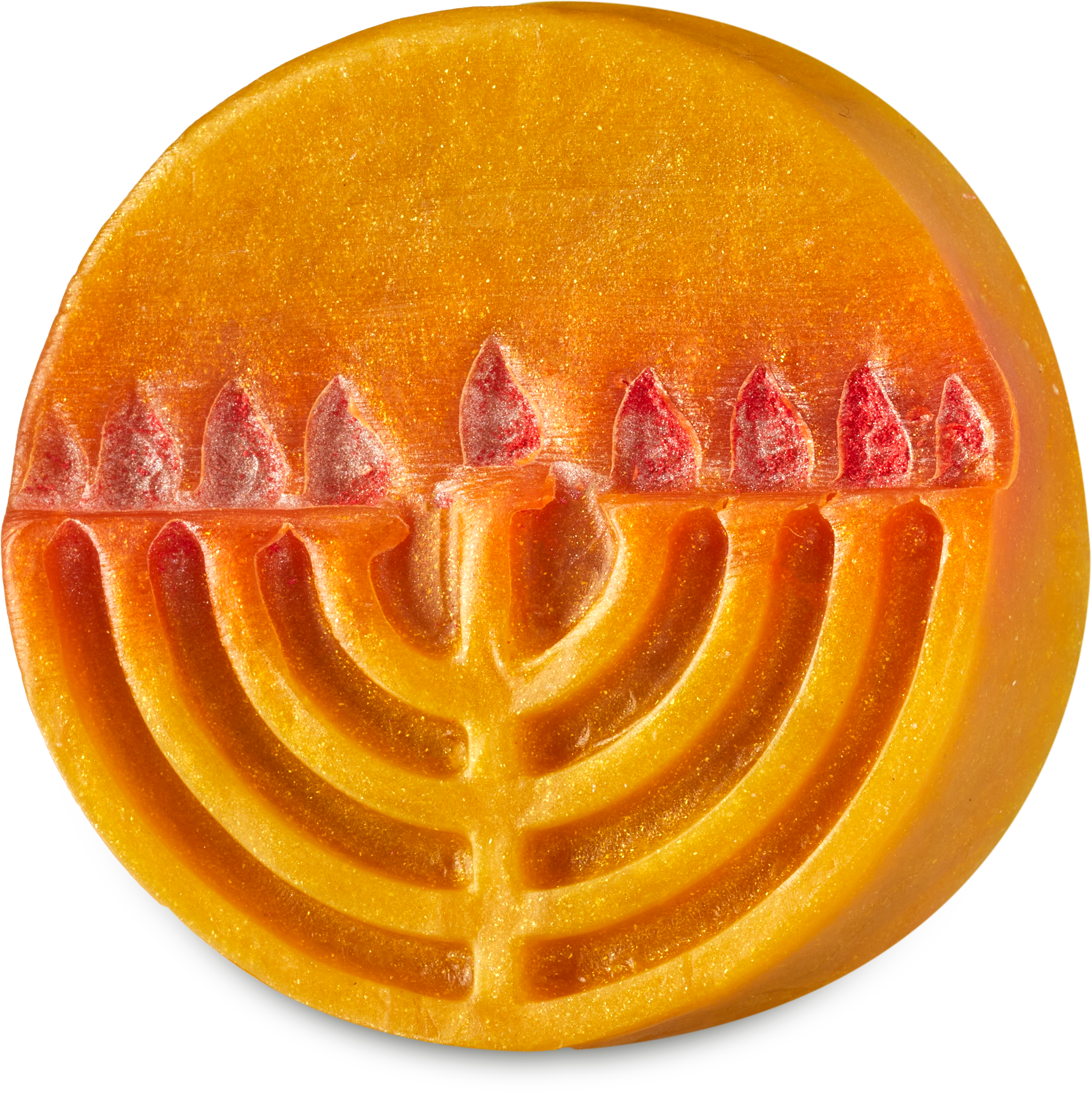 See, I’d Have All The Money In The World | Lush Hanukkah 2024 Range A medium circular bright orange block of soap that has a bright gold Menorah with some bright red flames engraved on it, and some gold lustre all over it, on a white background.