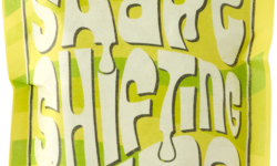 A medium rectangular gradient bright green and yellow paper pouch that has Lush Shape Shifting Slime Green Jelly Slime written in bright white writing on it, on a white background.