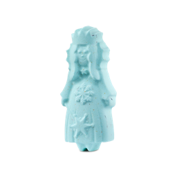 A medium bright blue snow queen shaped bath bomb that has a bright blue dress with a light blue snowflake pattern all over it, on a white background.