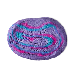 A medium bright purple, pink and teal swirled oval shaped bubble bar that has some gold lustre all over it, on a white background.