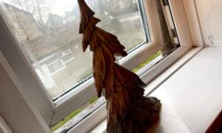 A large triangular bright white and grey resin Christmas Tree on a large rectangular glossy white windowsill infant of a large rectangular foggy glass window.