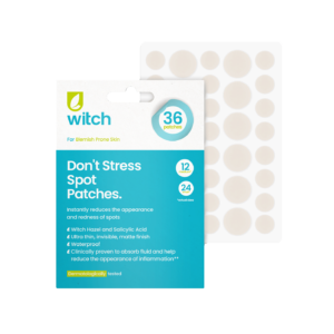 A medium rectangular gradient bright blue and white cardboard pouch that has Witch Don’t Stress Spot Patches written in bright teal writing and a picture of a dark green leaf on it, on a white background.