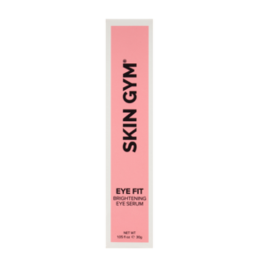 A tall rectangular bright pink cardboard box that has Skin Gym Eye Fit Brightening Eye Serum written in bold black writing on it, on a white background.