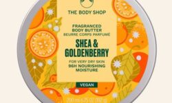 A short cylindrical dark green plastic tub with a golden yellow lid and a golden yellow label that has The Body Shop Shea & Goldenverry Body Butter written in dark green writing and some pictures of some bright orange and yellow golden berries and leaves on it, on a white background.