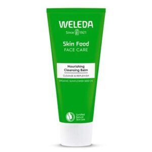 A tall conical metallic green tube with a bright white plastic lid that has Weleda Skin Food Nourishing Cleansing Balm written in bright white writing on it, on a white background.