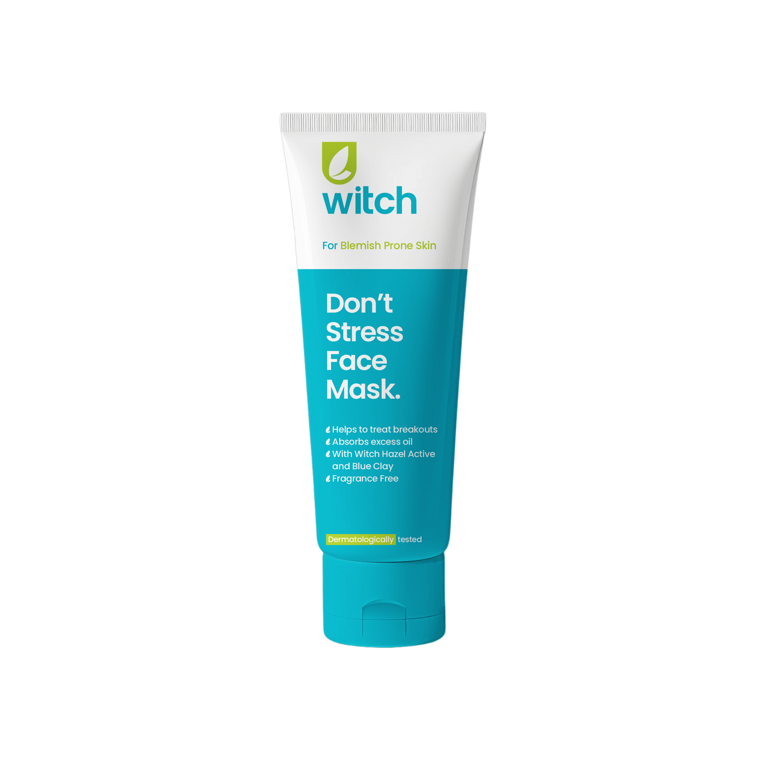 A tall conical turquoise plastic tube with a bright white plastic lid that has Witch Don’t Stress Face Mask written in dark blue writing and a picture of a dark green leaf on it, on a white background.