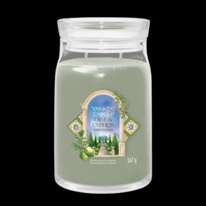 A tall cylindrical glass jar full of some pale green wax with a label that has Yankee Candle written in bright white writing, Olive & Cypress written in bright white writing, and a picture of some large dark green Olive & Cypress Trees on it, on a white background.